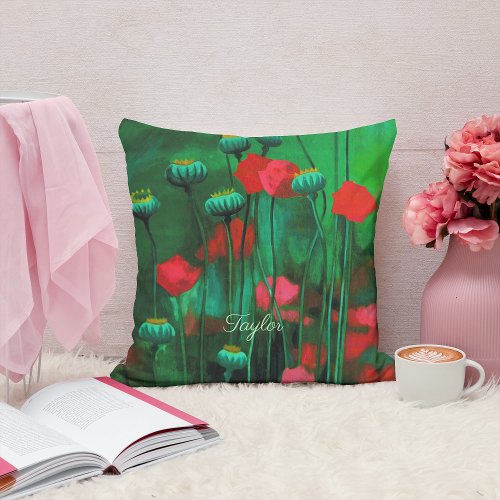Red and Green Poppies Floral Art Template Flowers Throw Pillow