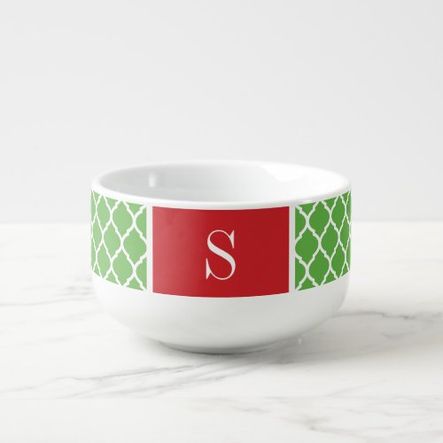 Red and Green Quatrefoil Monogram Soup Mug