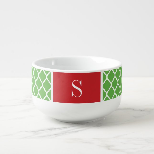Red and Green Quatrefoil Monogram Soup Mug (Front)