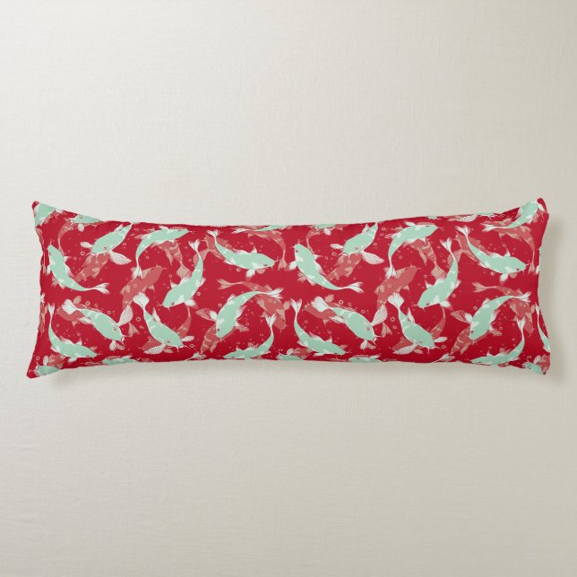 Red And Green Repeating Motif | Koi Fish Pattern Body Pillow (Front)
