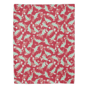 Red And Green Repeating Motif   Koi Fish Pattern Duvet Cover
