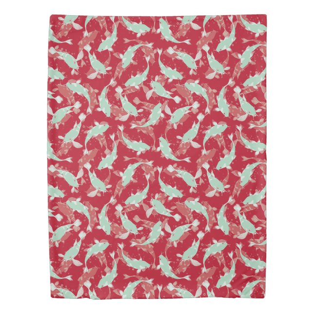 Red And Green Repeating Motif | Koi Fish Pattern Duvet Cover (Front)