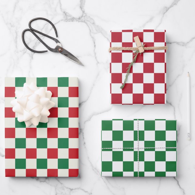 Red and Green Retro Check Wrapping Paper Sheets (Front)