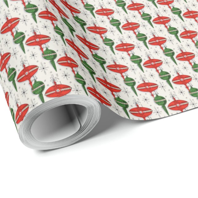 Red and Green Retro Christmas Ornaments Gift Wrap (Roll Corner)
