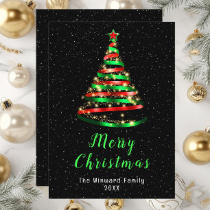 Red and Green Ribbon Tree Merry Christmas Holiday Card