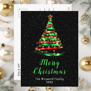 Red and Green Ribbon Tree Merry Christmas Holiday Postcard