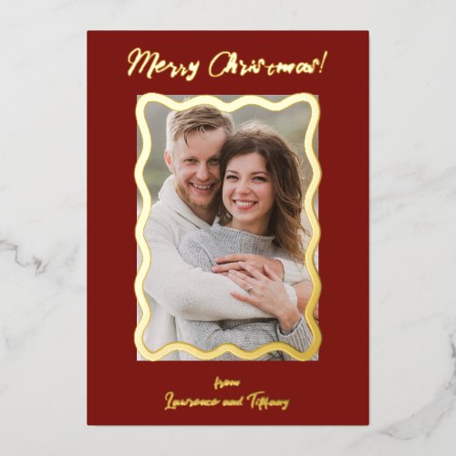 Red and Green Scalloped Wavy Lines Frame Photo Foil Holiday Card