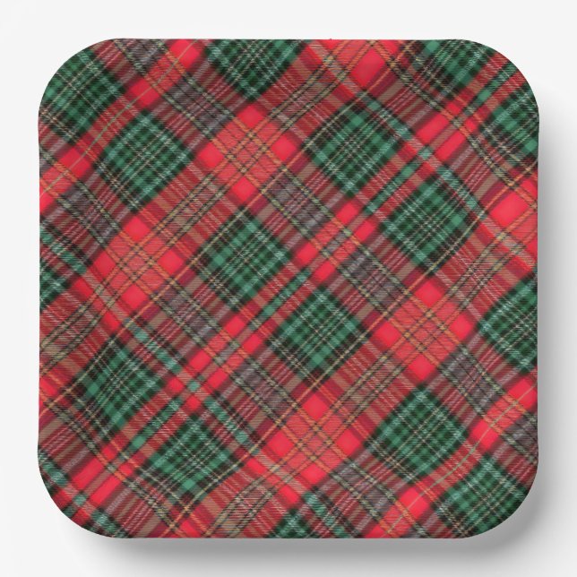 Red and Green Scottish Diagonal Tartan Plaid Paper Plates (Front)