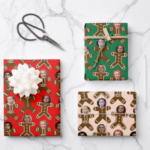 Red and Green Six Photo Gingerbread People Holiday Wrapping Paper Sheets