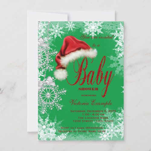 Red and Green Snowflake Christmas Baby Shower Invitation