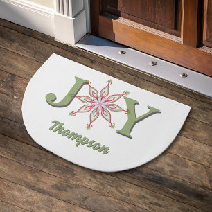 Red and Green Snowflake Christmas Joy Custom Doormat