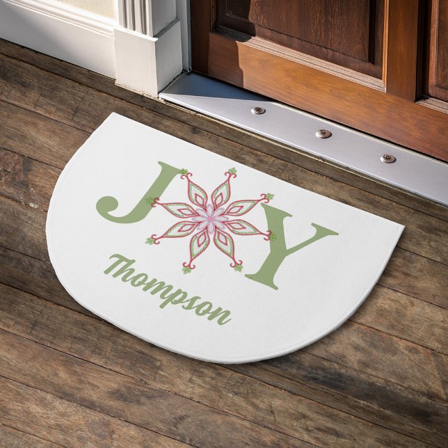 Red and Green Snowflake Christmas Joy Custom Doormat (Christmas Joy Typography Personalized Doormat)