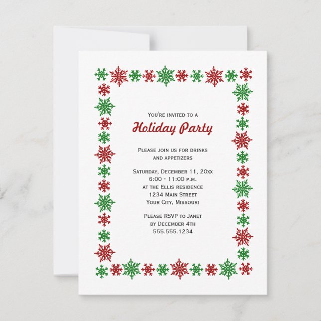 Red and Green Snowflake Christmas Party Invitation (Front)