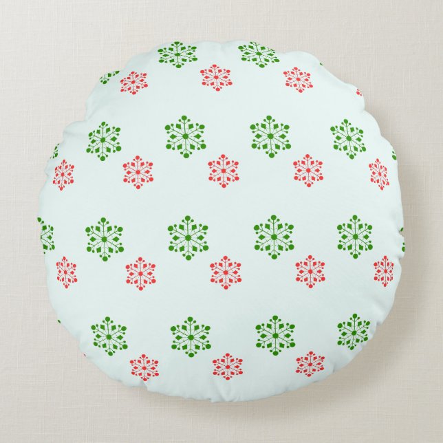 Red and Green Snowflake Pattern, Elegant Christmas Round Pillow (Front)