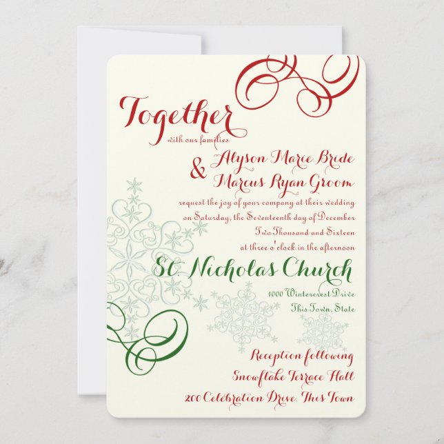Red and Green Snowflake Text Wedding Invitation (Front)