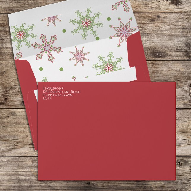 Red and Green Snowflakes Christmas Envelope (Christmas colorful red and green snowflake pattern envelope with return address on the front)