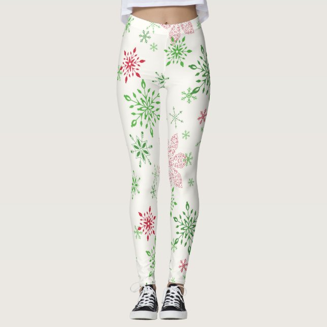 Red and Green Snowflakes Leggings (Front)