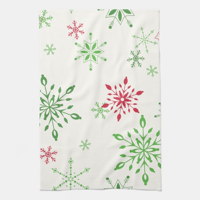 Red and Green Snowflakes on a white background Towel (Vertical)
