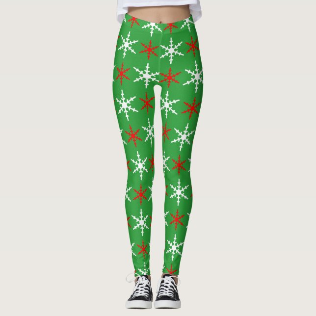 Red and green snowflakes pattern leggings (Front)