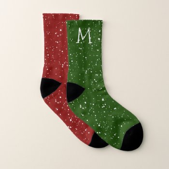 Red And Green Snowy Wintry Monogrammed Socks by katz_d_zynes at Zazzle