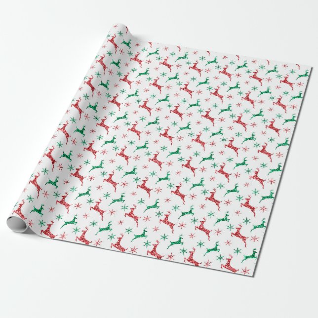 Red And Green Sparkling Glitter Reindeer Wrapping Paper (Unrolled)