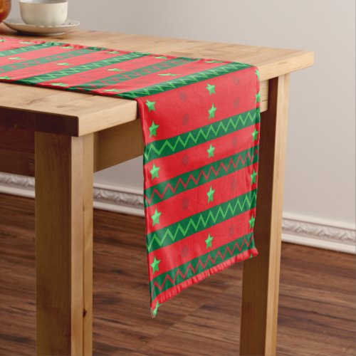 Red And Green Stars And Zigzag Stripes Christmas Short Table Runner
