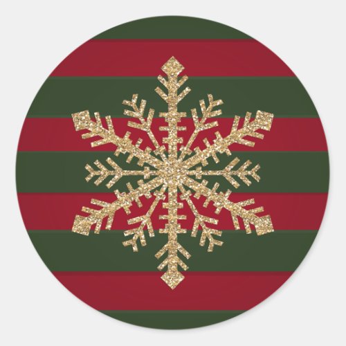 Red and Green Stripe with Gold Glitter Snowflake Classic Round Sticker