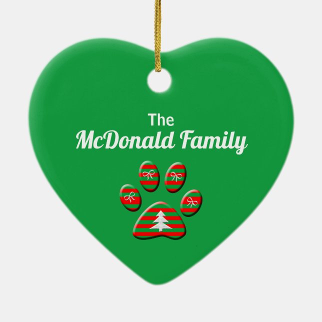 Red and Green Striped Cat Paw Christmas Ceramic Ornament (Back)