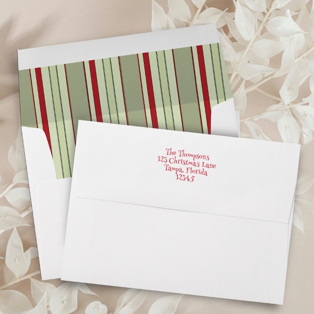 Red and Green Striped Christmas Return Address Envelope (Red and christmas holiday custom envelope)