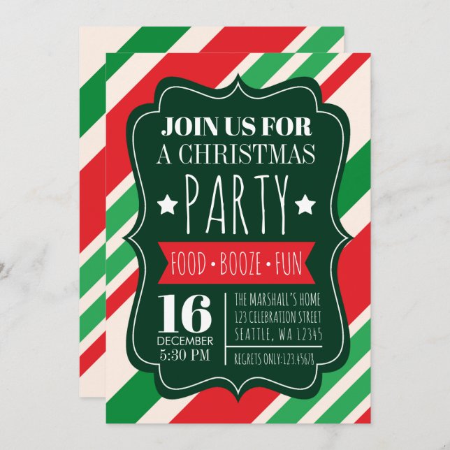Red and Green Stripes Christmas Party Invitation (Front/Back)