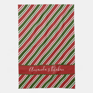Red and Green Stripes Personalized Christmas Kitchen Towel