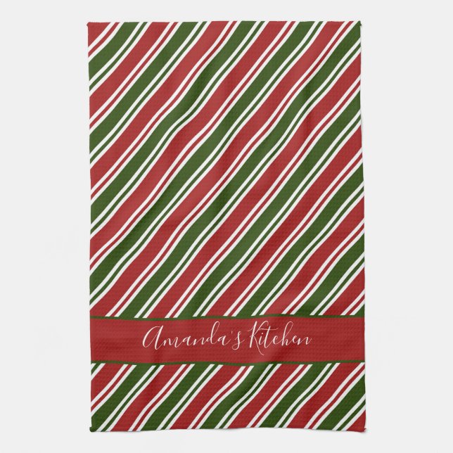 Red and Green Stripes Personalized Christmas Kitchen Towel (Vertical)