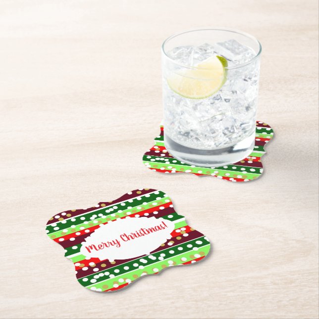Red and Green Stripes Polka Dots Christmas  Paper Coaster (Insitu)