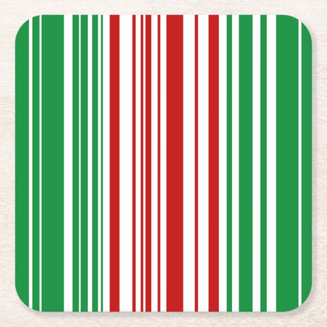 Red and Green Stripes Square Paper Coaster (Front)