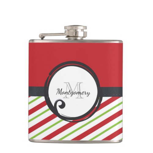 Red And Green Stripes With A Monogram In A Circle Hip Flask