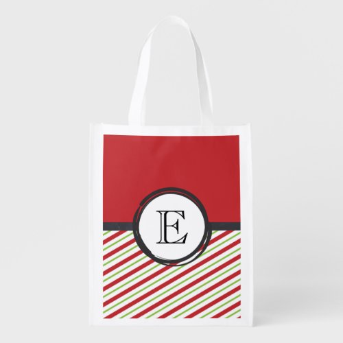 Red And Green Stripes With A Monogram In A Circle Reusable Grocery Bag