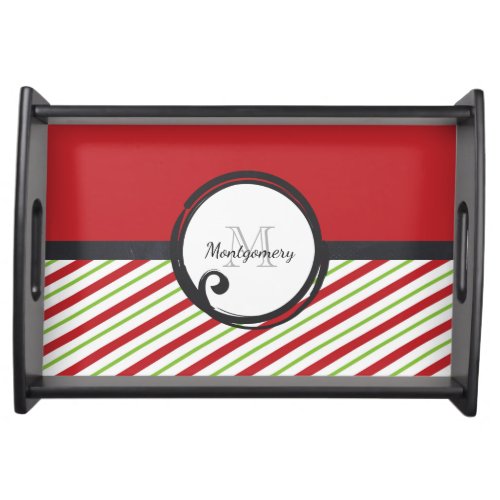 Red And Green Stripes With A Monogram In A Circle Serving Tray