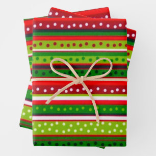 Red And Green Stripes with Polka Dots Christmas Wrapping Paper Sheets