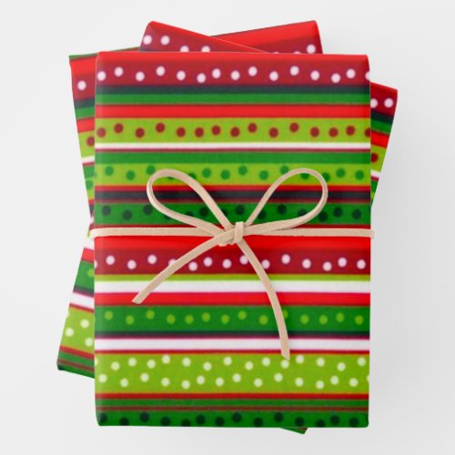 Red And Green Stripes with Polka Dots Christmas  Wrapping Paper Sheets