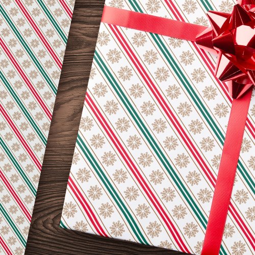 Red and green stripes with snowflakes wrapping paper