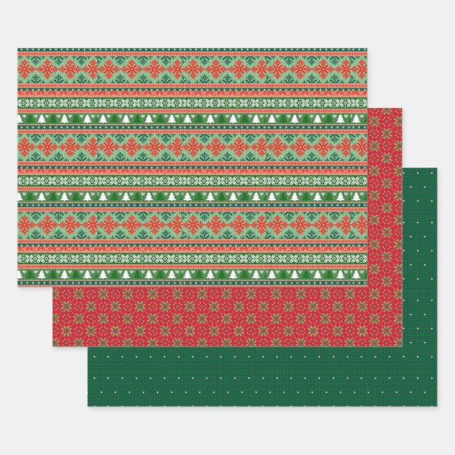 Red and Green Sweater Knit Pattern Wrapping Paper Sheets (Set)