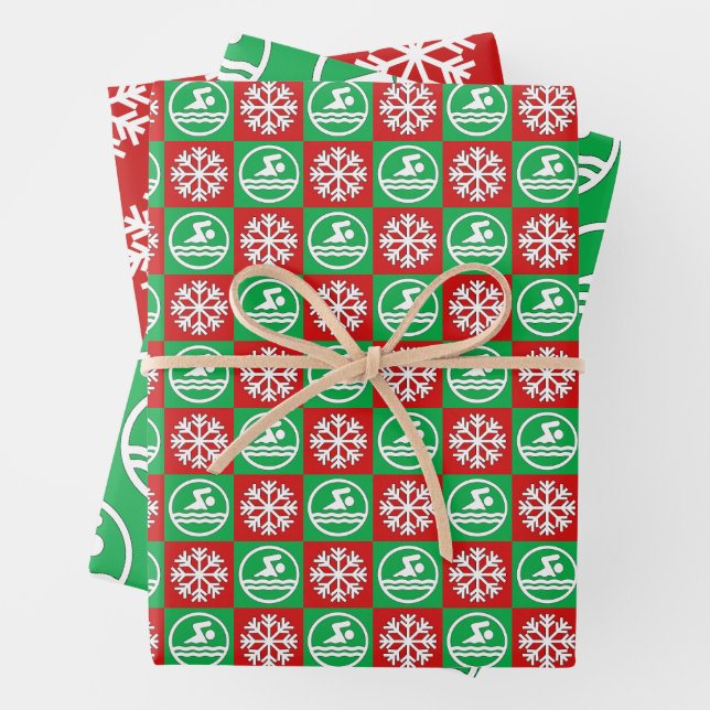 Red and Green Swimming & Diving Swimmer Christmas Wrapping Paper Sheets (In situ)