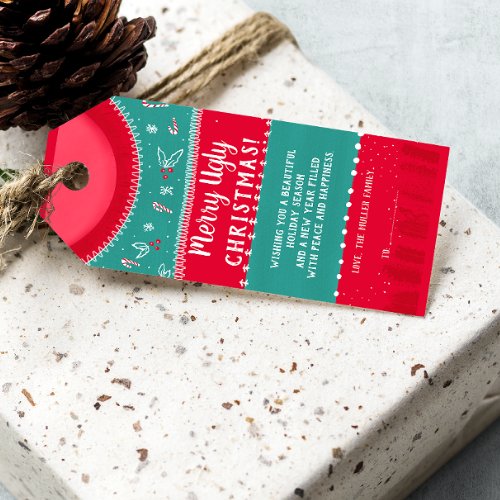Red and green tacky ugly sweater christmas gift tags