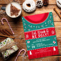 Red and green tacky ugly sweater christmas party invitation