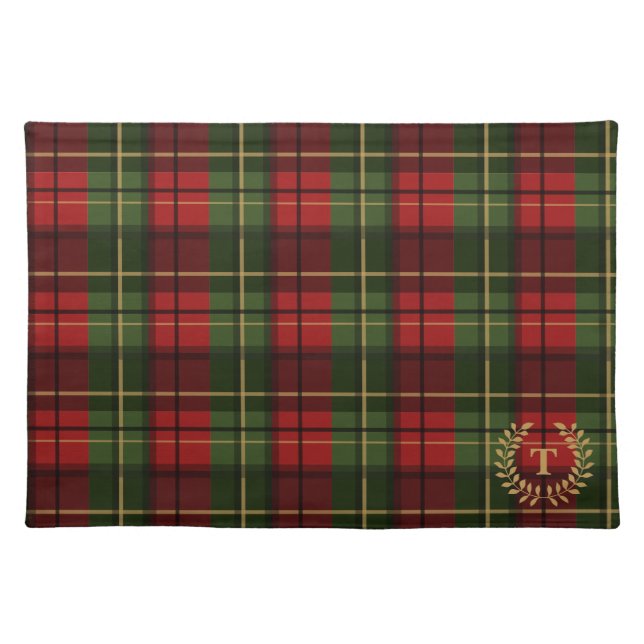 Red And Green Tartan Pattern With Custom Monogram Cloth Placemat (Front)