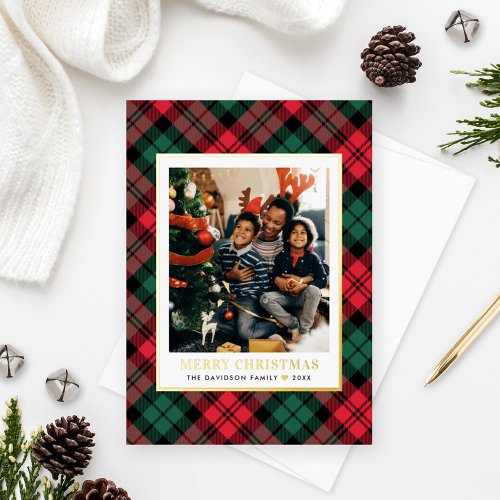 Red and Green Tartan Plaid Christmas Photo Gold Foil Holiday Card