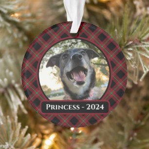 Red and Green Tartan Plaid Dog Photo Christmas Ornament