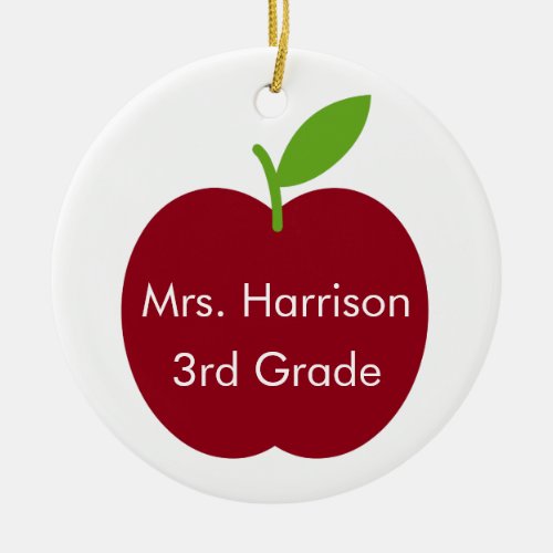 Red and Green Teacher Apple on White Personalized Ceramic Ornament