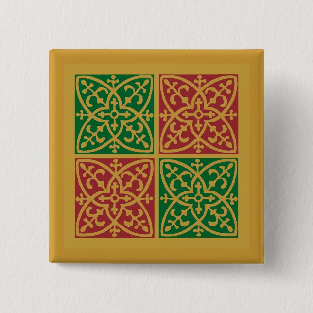 Red and Green Tile Art on Gold Pattern Button (Front)