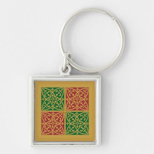 Red and Green Tile Art on Gold Pattern Keychain